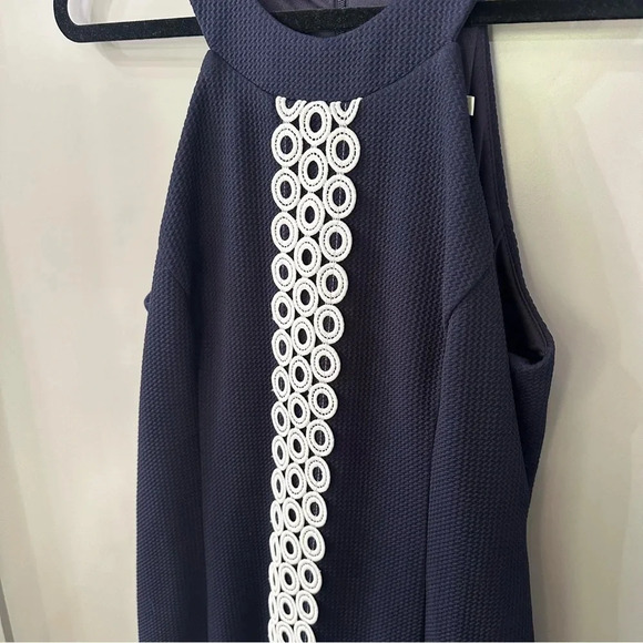 Eliza J Navy Dress Circle Eyelet High Neck Sheath Dress Size 8 - Picture 3 of 6